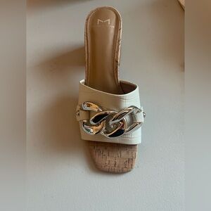 Marc Fisher Ltd Woman’s Silver Buckle Slides with Cork Heel Sz 8.5 gently used